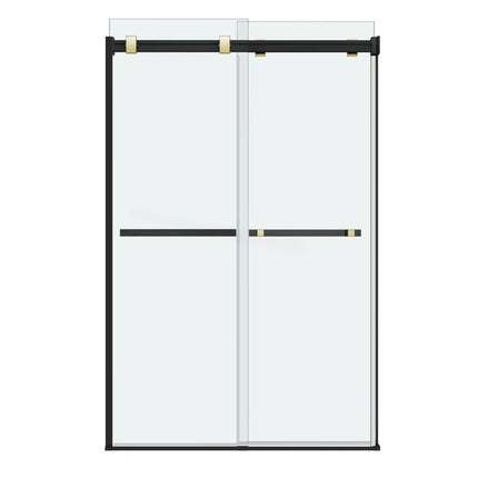 Duel 44-47 x 70 ½-74 in. 8 mm Bypass Shower Door for Alcove Installation with Clear glass in Matte Black & Brushed Gold - Plumbing Market