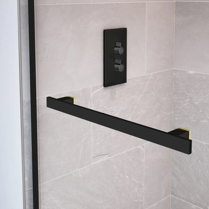 Duel 44-47 x 70 ½-74 in. 8 mm Bypass Shower Door for Alcove Installation with Clear glass in Matte Black & Brushed Gold - Plumbing Market
