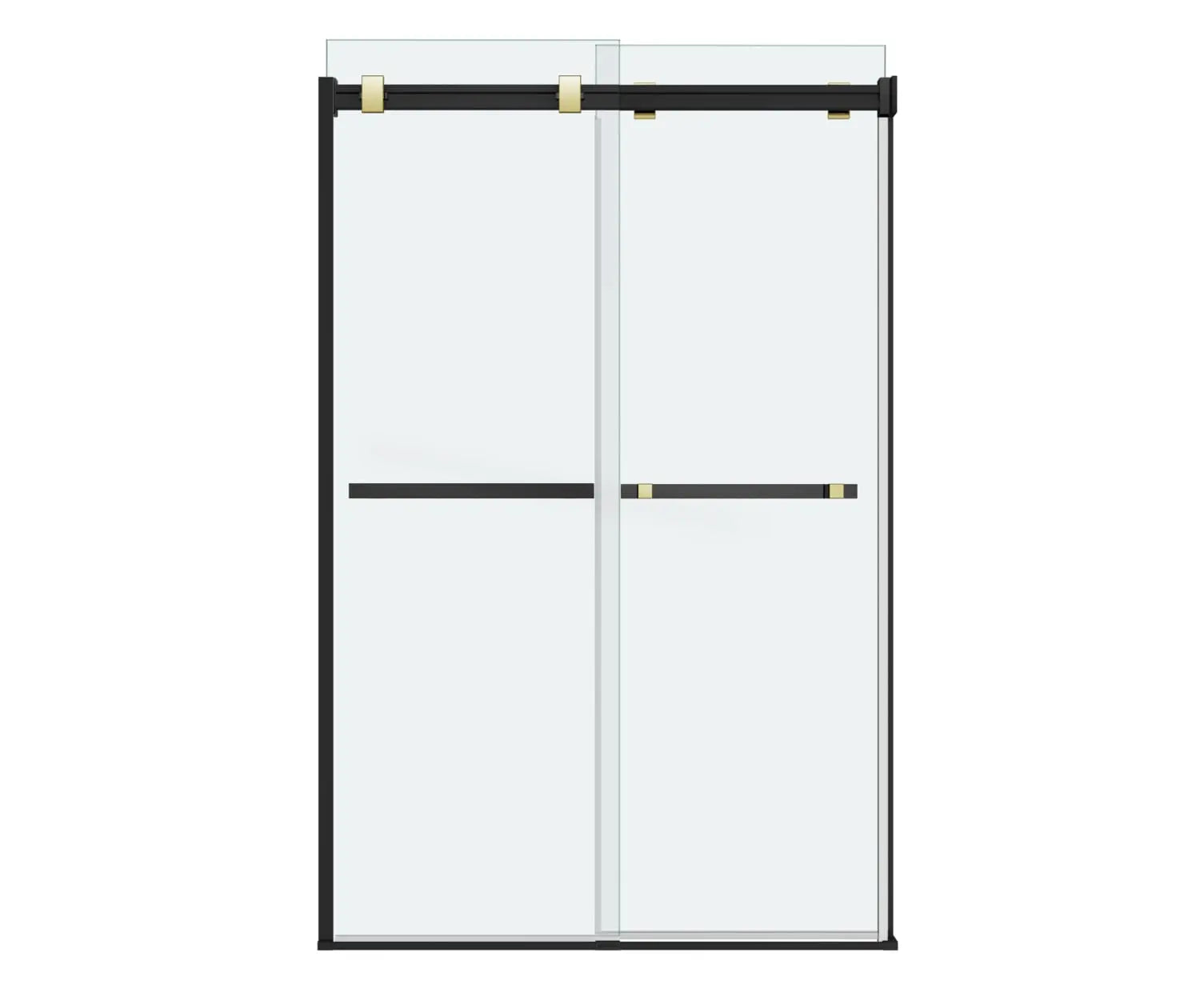 Duel 44-47 x 70 ½-74 in. 8 mm Bypass Shower Door for Alcove Installation with Clear glass in Matte Black & Brushed Gold - Plumbing Market
