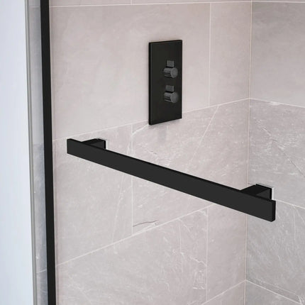 Duel 44-47 x 70 ½-74 in. 8 mm Bypass Shower Door for Alcove Installation with Clear glass in Matte Black & Chrome - Plumbing Market