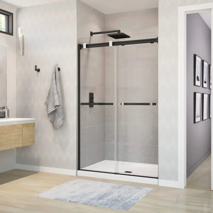 Duel 44-47 x 70 ½-74 in. 8 mm Bypass Shower Door for Alcove Installation with Clear glass in Matte Black & Chrome - Plumbing Market