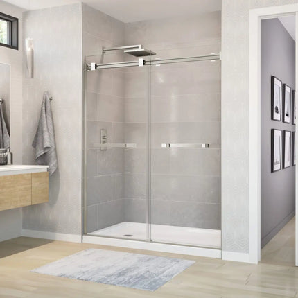 Duel 56-58 ½ x 70 ½-74 in. 8 mm Bypass Shower Door for Alcove Installation with Clear glass in Brushed Nickel & Matte White - Plumbing Market