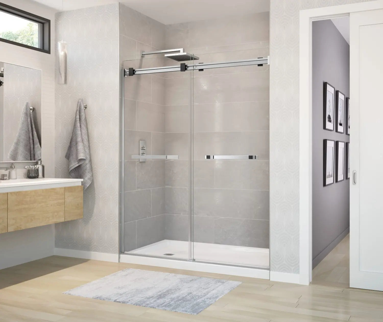 Duel 56-58 ½ x 70 ½-74 in. 8 mm Bypass Shower Door for Alcove Installation with Clear glass in Chrome & Matte Black - Plumbing Market