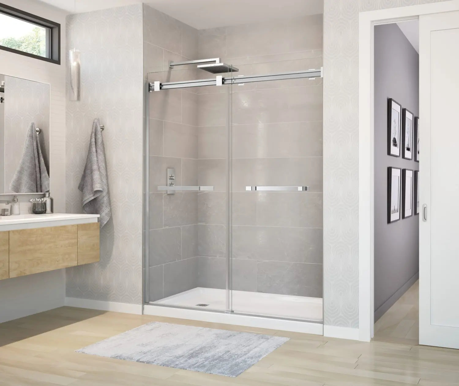 Duel 56-58 ½ x 70 ½-74 in. 8 mm Bypass Shower Door for Alcove Installation with Clear glass in Chrome & Matte White - Plumbing Market