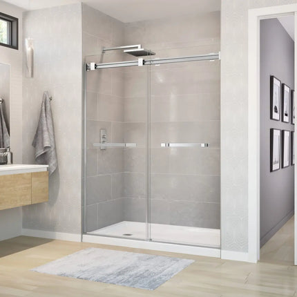 Duel 56-58 ½ x 70 ½-74 in. 8 mm Bypass Shower Door for Alcove Installation with Clear glass in Chrome & Matte White - Plumbing Market