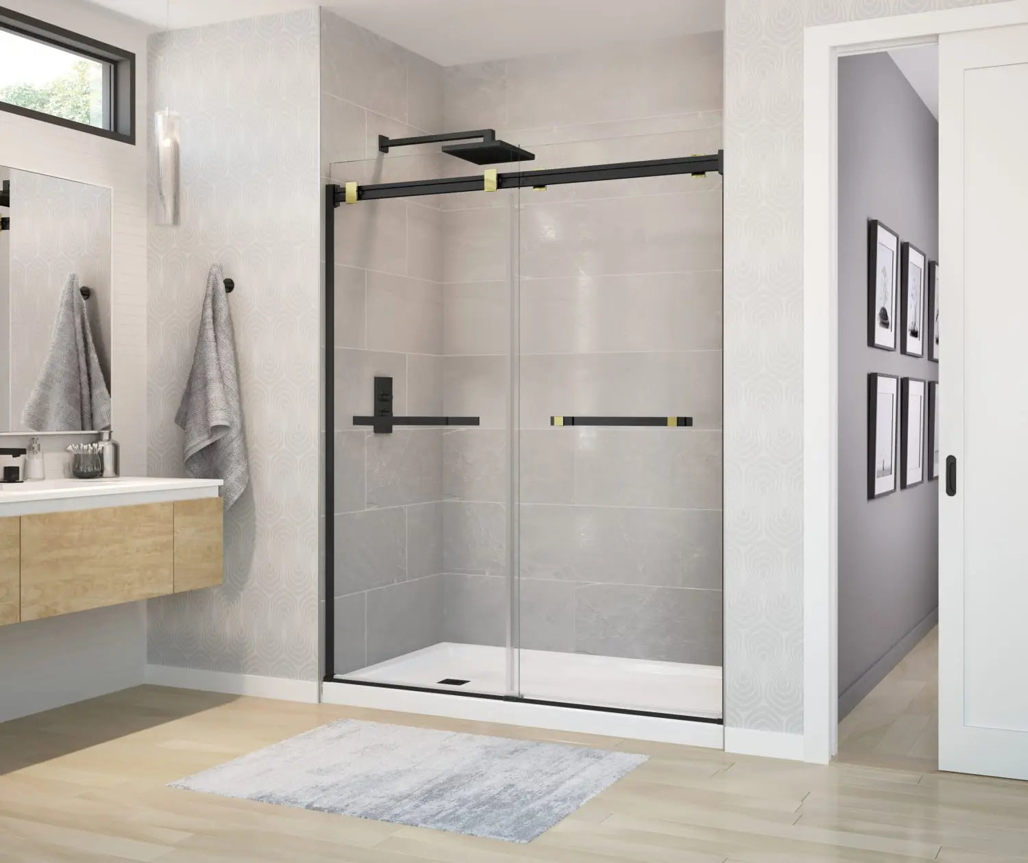 Duel 56-58 ½ x 70 ½-74 in. 8 mm Bypass Shower Door for Alcove Installation with Clear glass in Matte Black & Brushed Gold - Plumbing Market