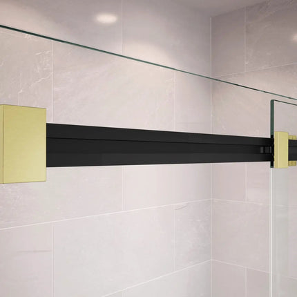 Duel 56-58 ½ x 70 ½-74 in. 8 mm Bypass Shower Door for Alcove Installation with Clear glass in Matte Black & Brushed Gold - Plumbing Market