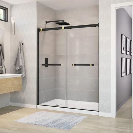 Duel 56-58 ½ x 70 ½-74 in. 8 mm Bypass Shower Door for Alcove Installation with Clear glass in Matte Black & Brushed Gold - Plumbing Market