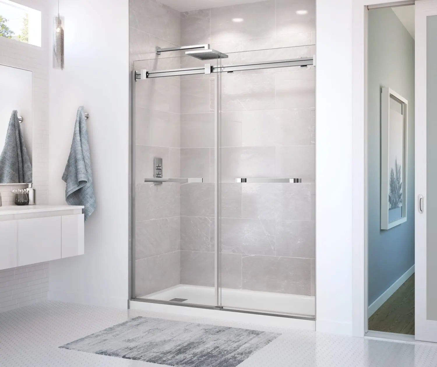 Duel 56-58 ½ x 70 ½-74 in. 8mm Bypass Shower Door for Alcove Installation with Clear glass in Chrome - Plumbing Market