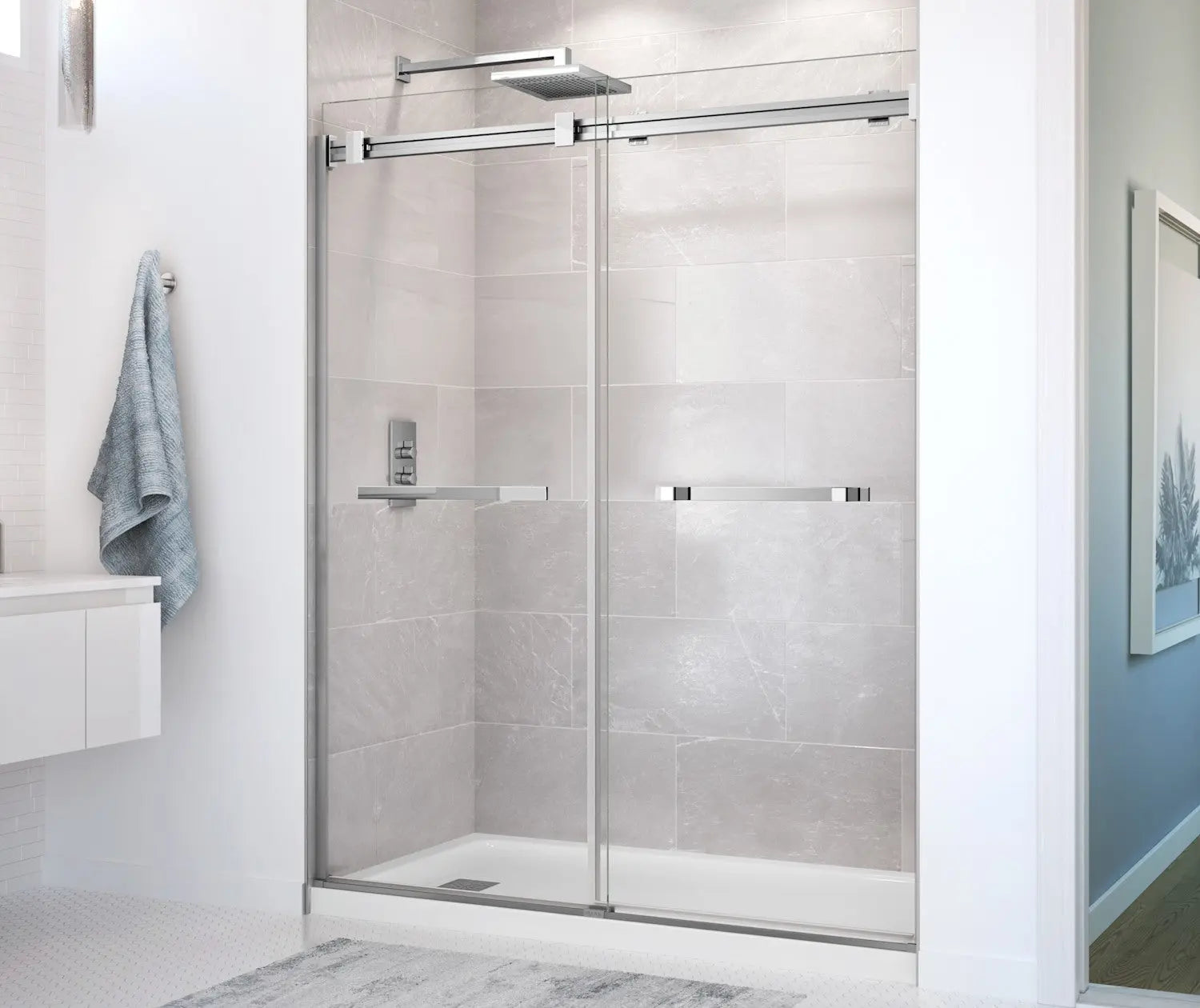 Duel 56-58 ½ x 70 ½-74 in. 8mm Bypass Shower Door for Alcove Installation with Clear glass in Chrome - Plumbing Market