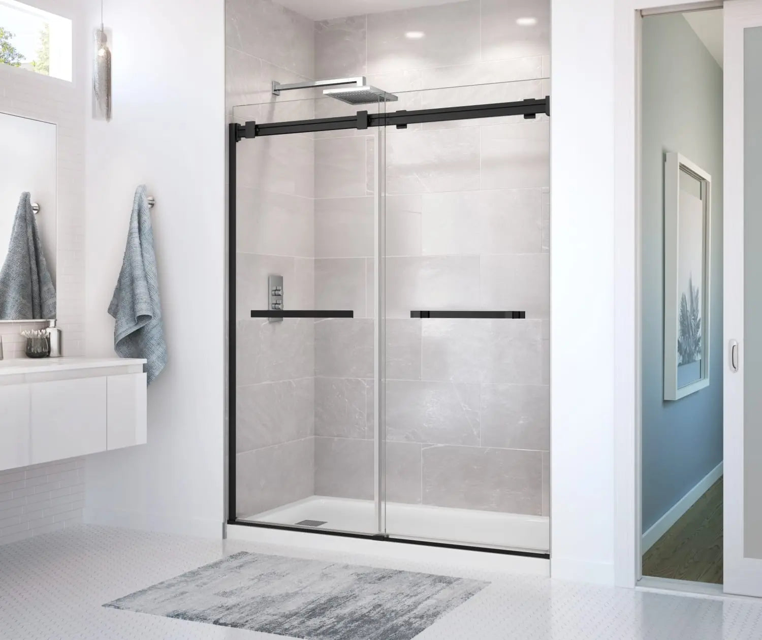 Duel 56-58 ½ x 70 ½-74 in. 8mm Bypass Shower Door for Alcove Installation with Clear glass in Matte Black - Plumbing Market