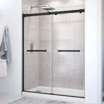 Duel 56-58 ½ x 70 ½-74 in. 8mm Bypass Shower Door for Alcove Installation with Clear glass in Matte Black - Plumbing Market