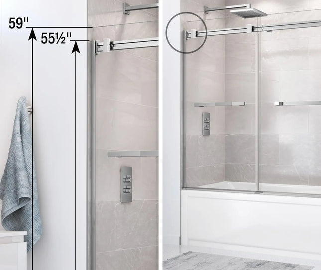 Duel 56-59 x 55 ½ x 59 in. 8 mm Bypass Tub Door for Alcove Installation with Clear glass in Brushed Nickel & Matte Black - Plumbing Market