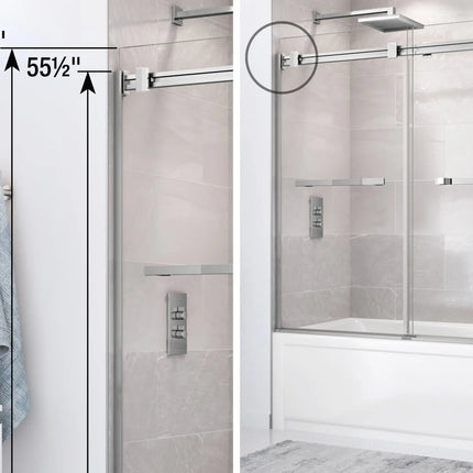 Duel 56-59 x 55 ½ x 59 in. 8 mm Bypass Tub Door for Alcove Installation with Clear glass in Matte Black & Chrome - Plumbing Market