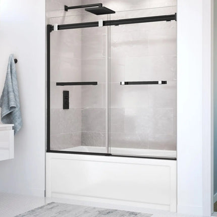 Duel 56-59 x 55 ½ x 59 in. 8 mm Bypass Tub Door for Alcove Installation with Clear glass in Matte Black & Chrome - Plumbing Market