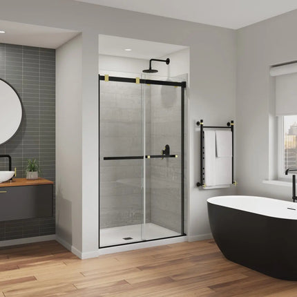 Duel Alto 44-47 X 78 in. 8mm Bypass Shower Door for Alcove Installation with GlassShield® glass in Matte Black & Brushed Gold - Plumbing Market