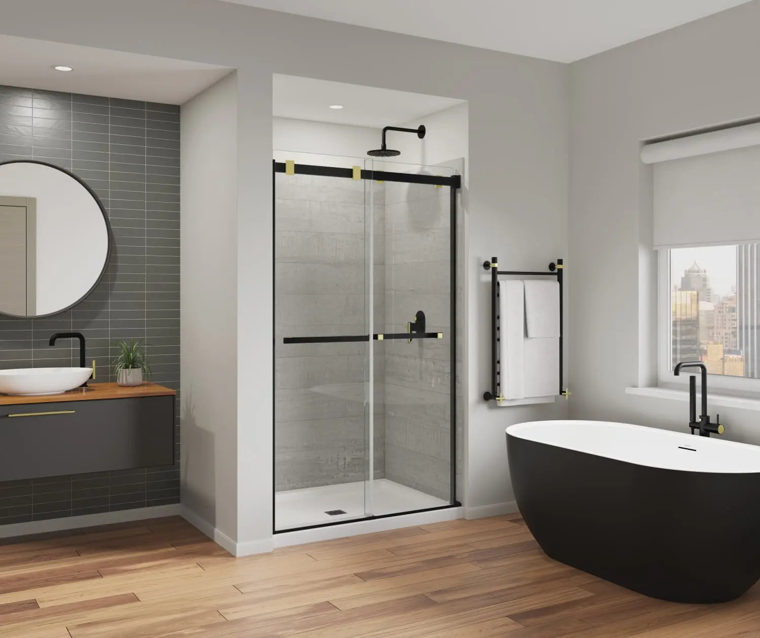 Duel Alto 44-47 X 78 in. 8mm Bypass Shower Door for Alcove Installation with GlassShield® glass in Matte Black & Brushed Gold - Plumbing Market