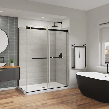 Duel Alto 56-59 X 78 in. 8mm Bypass Shower Door for Alcove Installation with GlassShield® glass in Matte Black & Brushed Gold - Plumbing Market