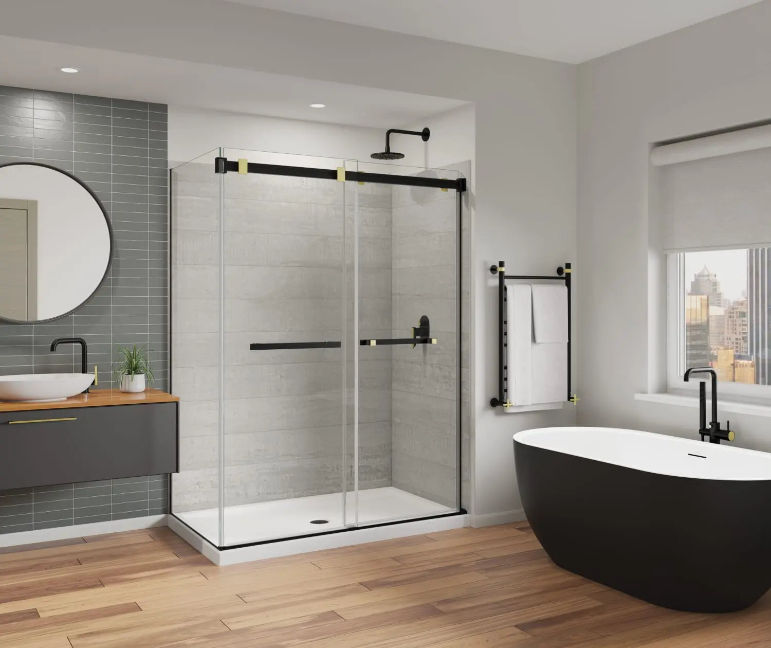 Duel Alto 56-59 X 78 in. 8mm Bypass Shower Door for Alcove Installation with GlassShield® glass in Matte Black & Brushed Gold - Plumbing Market