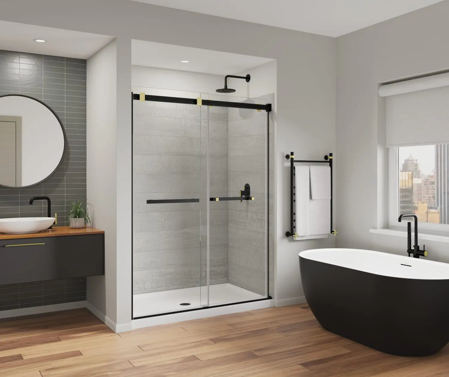 Duel Alto 56-59 X 78 in. 8mm Bypass Shower Door for Alcove Installation with GlassShield® glass in Matte Black & Brushed Gold - Plumbing Market