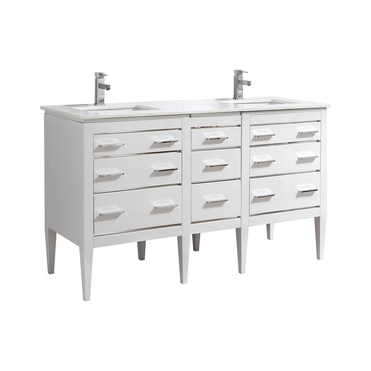 Kube Bath Eiffel 60'' Double Sink High Gloss White Vanity W/ Quartz Counter Top - Gloss White (E60-GW)