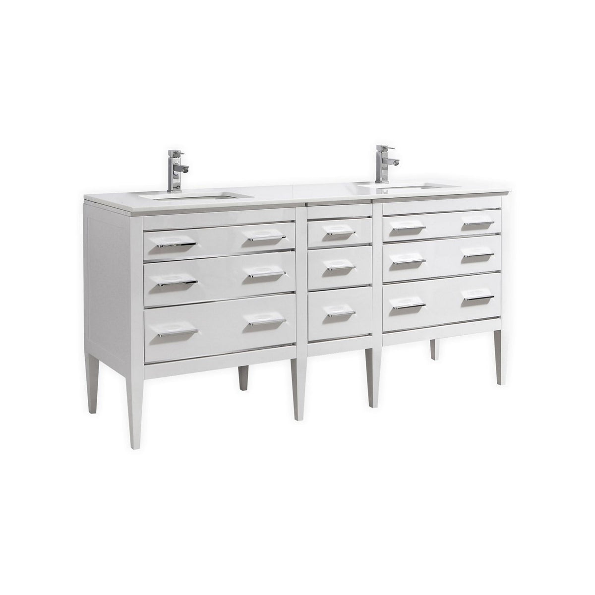 Kube Bath Eiffel 72'' Double Sink High Gloss White Vanity W/ Quartz Counter Top - Gloss White (E72-GW)