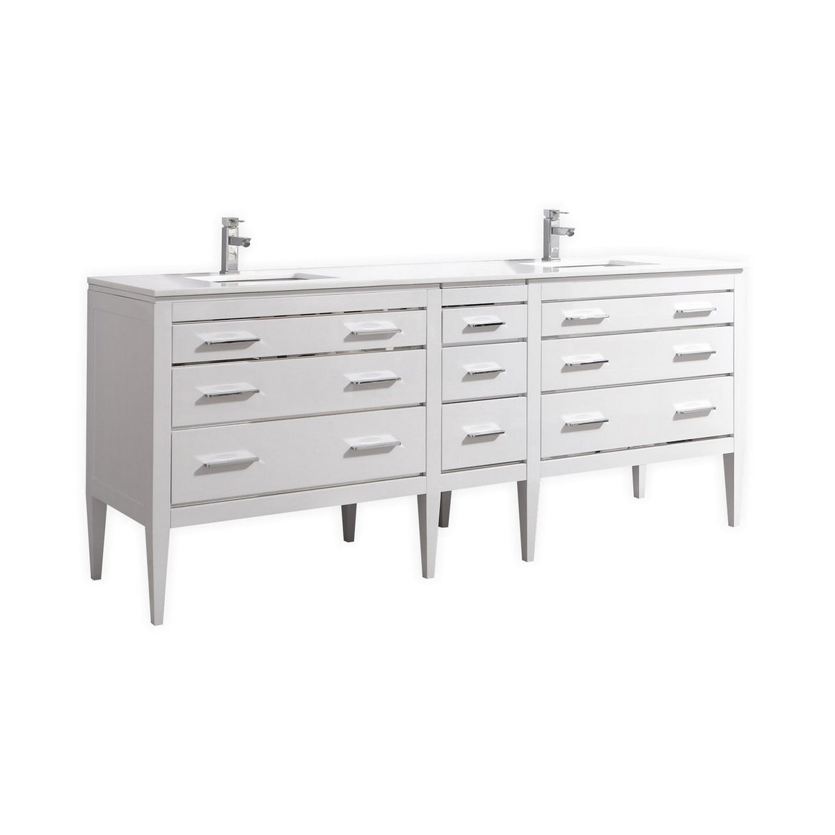 Kube Bath Eiffel 82'' Double Sink High Gloss White Vanity W/ Quartz Counter Top - Gloss White (E84-GW)