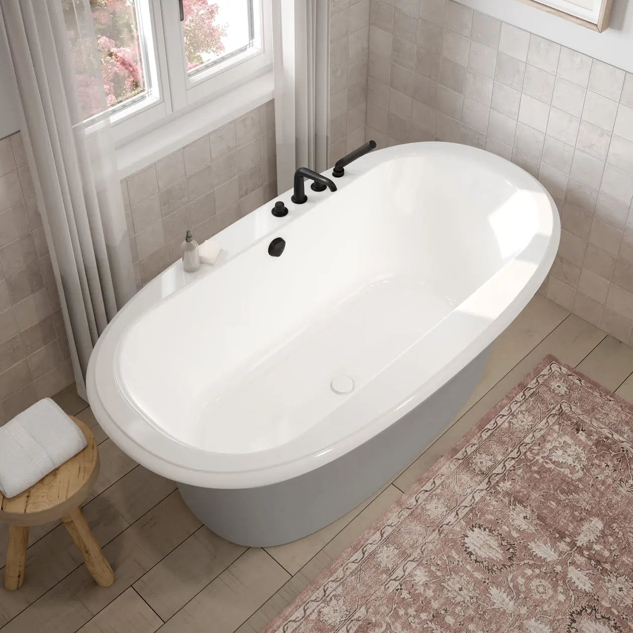 Ella Sleek 66 x 36 Acrylic Freestanding Center Drain Bathtub in White with Sterling Silver Skirt - Plumbing Market