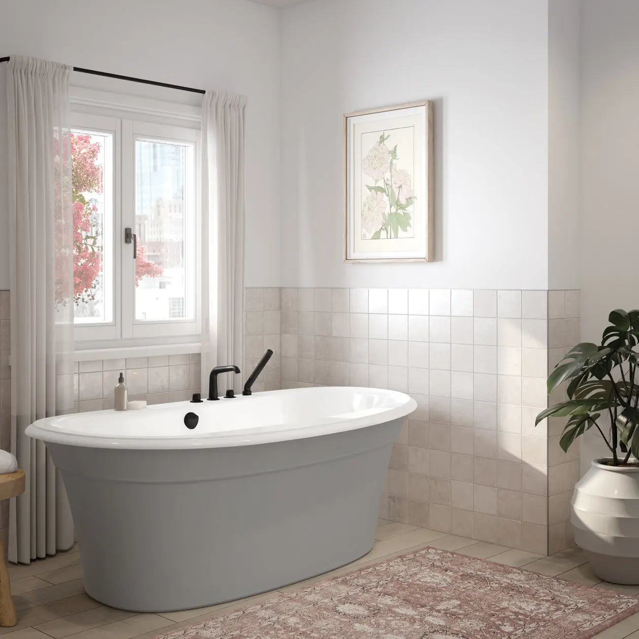 Ella Sleek 66 x 36 Acrylic Freestanding Center Drain Bathtub in White with Sterling Silver Skirt - Plumbing Market
