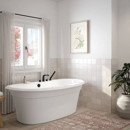 Ella Sleek 66 x 36 Acrylic Freestanding Center Drain Bathtub in White with White Skirt - Plumbing Market