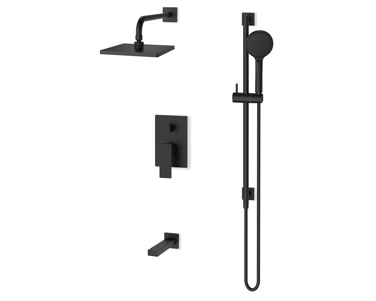 Fluid Quad Rain Shower, Hand.Shower & tub Spout Trim Kit F163216T in matte black