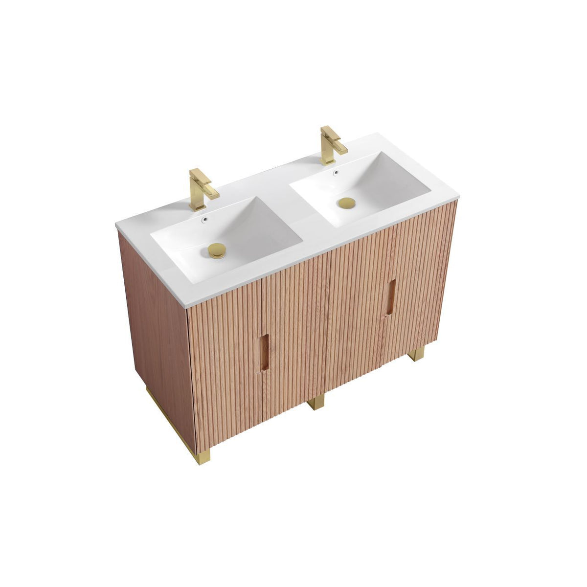 Kube Bath FIORE 48'' Double Sink Floor Mount Cabinet - Oak Wood - Oakwood / Brushed Gold Legs (FSKSW48D-OAKWOOD-GOLD)