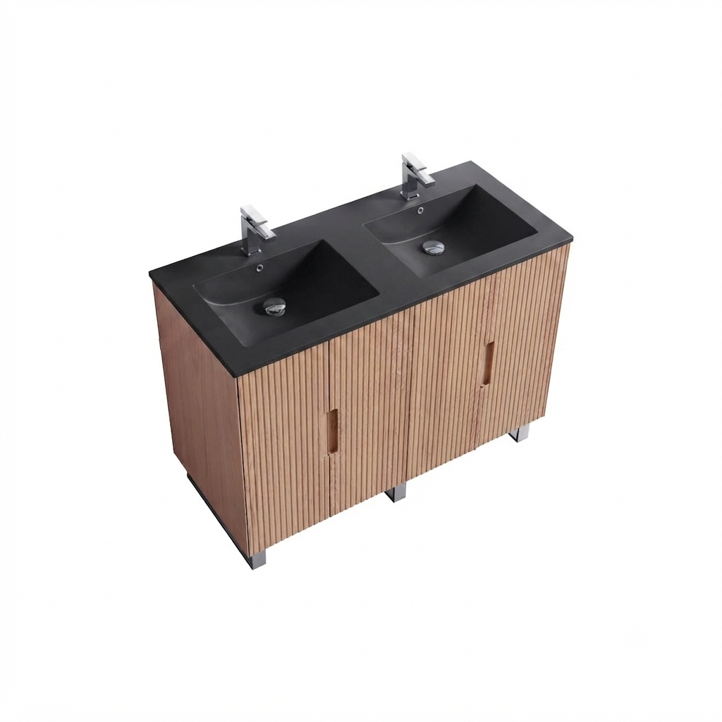 Kube Bath FIORE 48'' Double Sink Floor Mount Cabinet - Oak Wood - Oakwood / Chrome Legs (FSKSW48D-OAKWOOD-CH) view 2