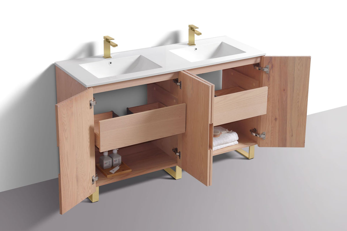 Kube Bath FIORE 60'' Double Sink Floor Mount Cabinet - Oak Wood - Oakwood / Brushed Gold Legs (FSKSW60D-OAKWOOD-GOLD) view 7