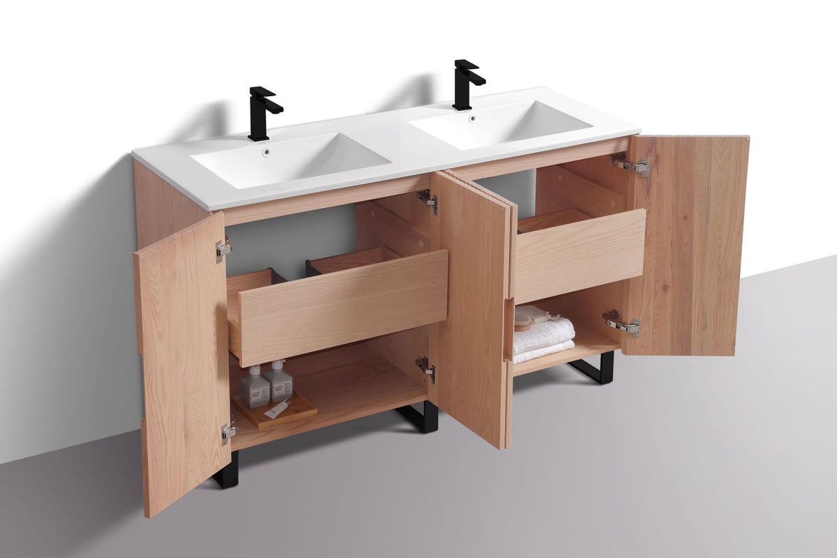 Kube Bath FIORE 60'' Double Sink Floor Mount Cabinet - Oak Wood - Oakwood / Black Legs (FSKSW60D-OAKWOOD-BK) view 8