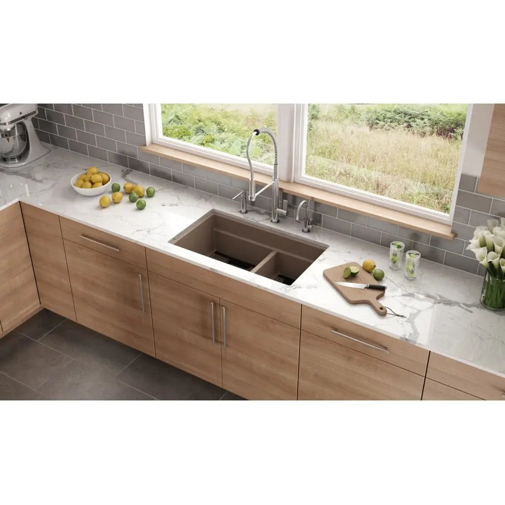 Franke 32.0-in. x 18.75-in. Undermount Double Bowl Granite Kitchen Sink with Low Divide in Oyster - Plumbing Market