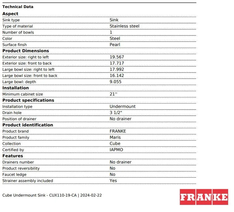 Franke Cube 19.56" x 17.71" Undermount 18G Single Stainless Steel Sink - Plumbing Market