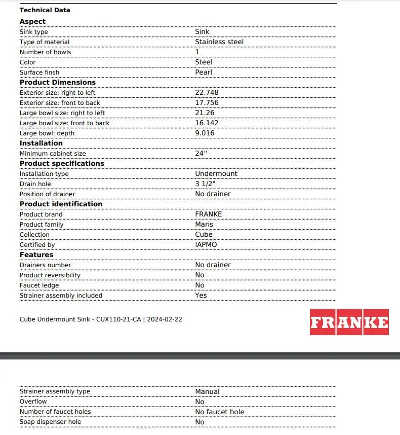 Franke Cube 22.74" x 17.75" Undermount 18g Single Stainless Steel Sink - Plumbing Market