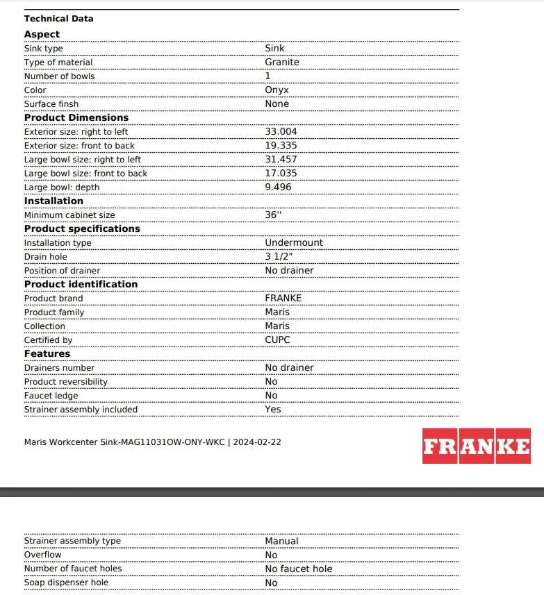 Franke Maris 33-in. x 19.3-in Granite Undermount Single Bowl Workcenter Kitchen Sink Onyx - Plumbing Market