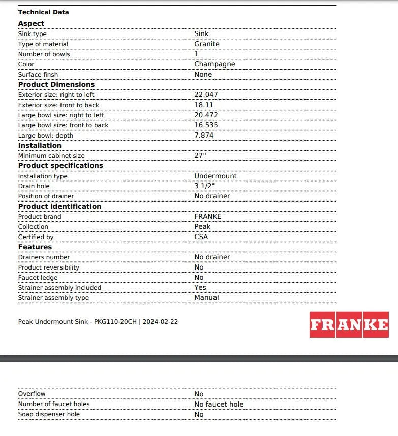 Franke Peak 22.06-in. x 18.21-in. Undermount Single Bowl Granite Kitchen Sink in Polar White - Plumbing Market