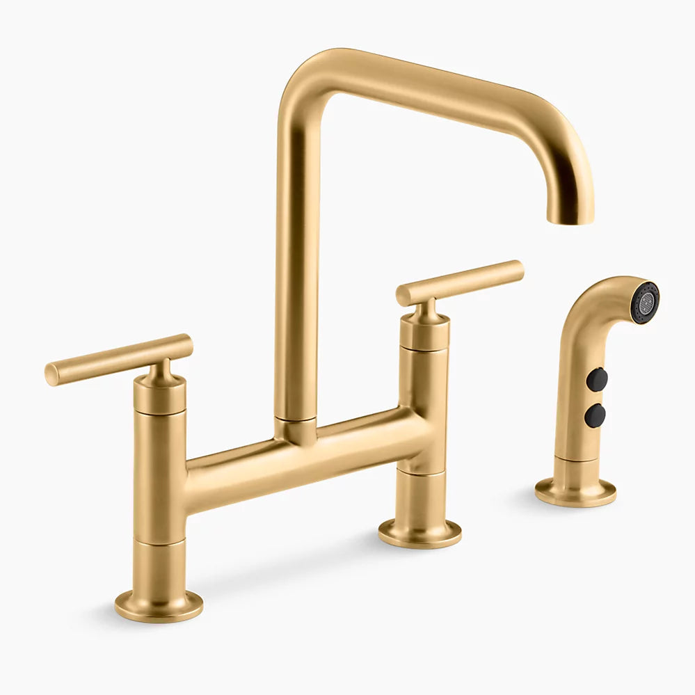 Kohler Purist Two-hole bridge kitchen sink faucet with side sprayer K-7548-4-2MB - Plumbing Market