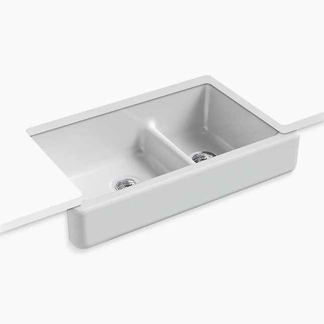 Kohler Whitehaven Smart Divide 35-1/2" undermount double-bowl farmhouse kitchen sink with short apron K-6426-95 - Plumbing Market