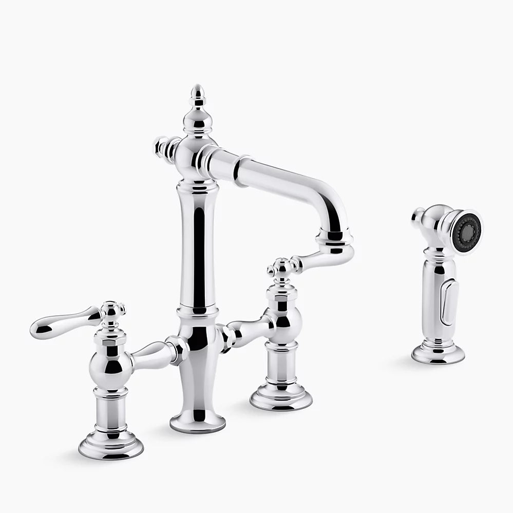 Kohler Artifacts Two-hole bridge bar sink faucet with side sprayer K-76520-4-CP - Plumbing Market