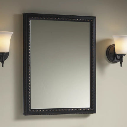Kohler 20" W x 26" H aluminum single-door medicine cabinet with oil-rubbed bronze framed mirror door K-2967-BR1 - Plumbing Market