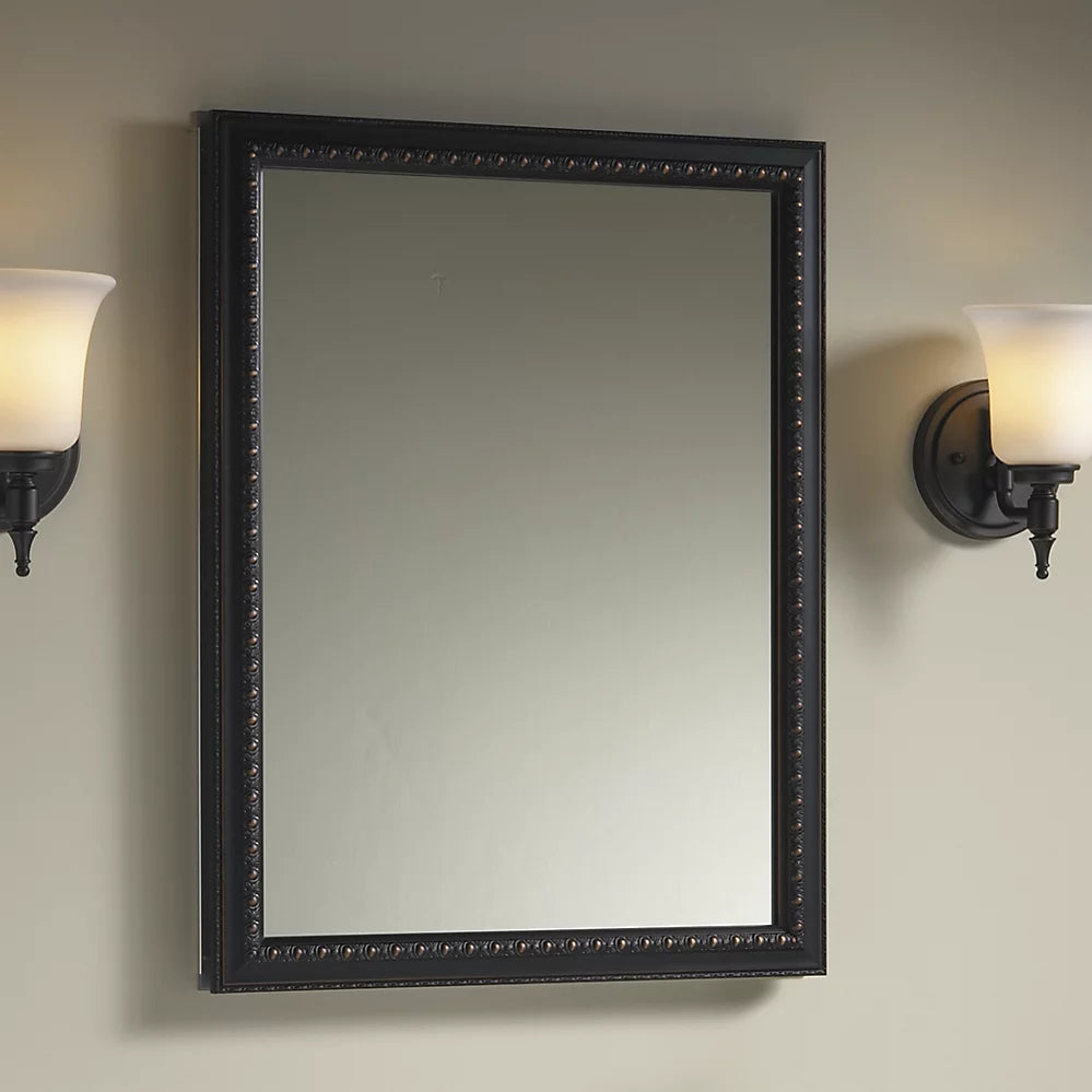 Kohler 20" W x 26" H aluminum single-door medicine cabinet with oil-rubbed bronze framed mirror door K-2967-BR1 - Plumbing Market