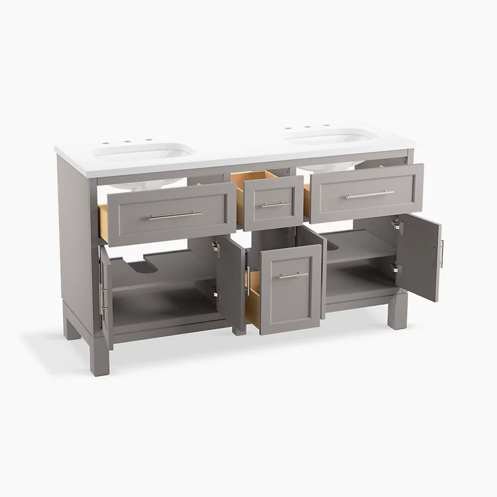 Kohler Quo 60" bathroom vanity cabinet with sinks and quartz top K-31246-ASB-1WT - Plumbing Market