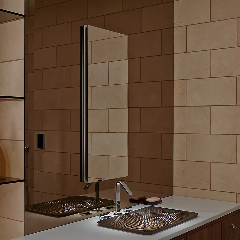Kohler Catalan 15" W x 36-1/8" H aluminum single-door medicine cabinet with 170 degree hinge K-2938-PG-SAA - Plumbing Market