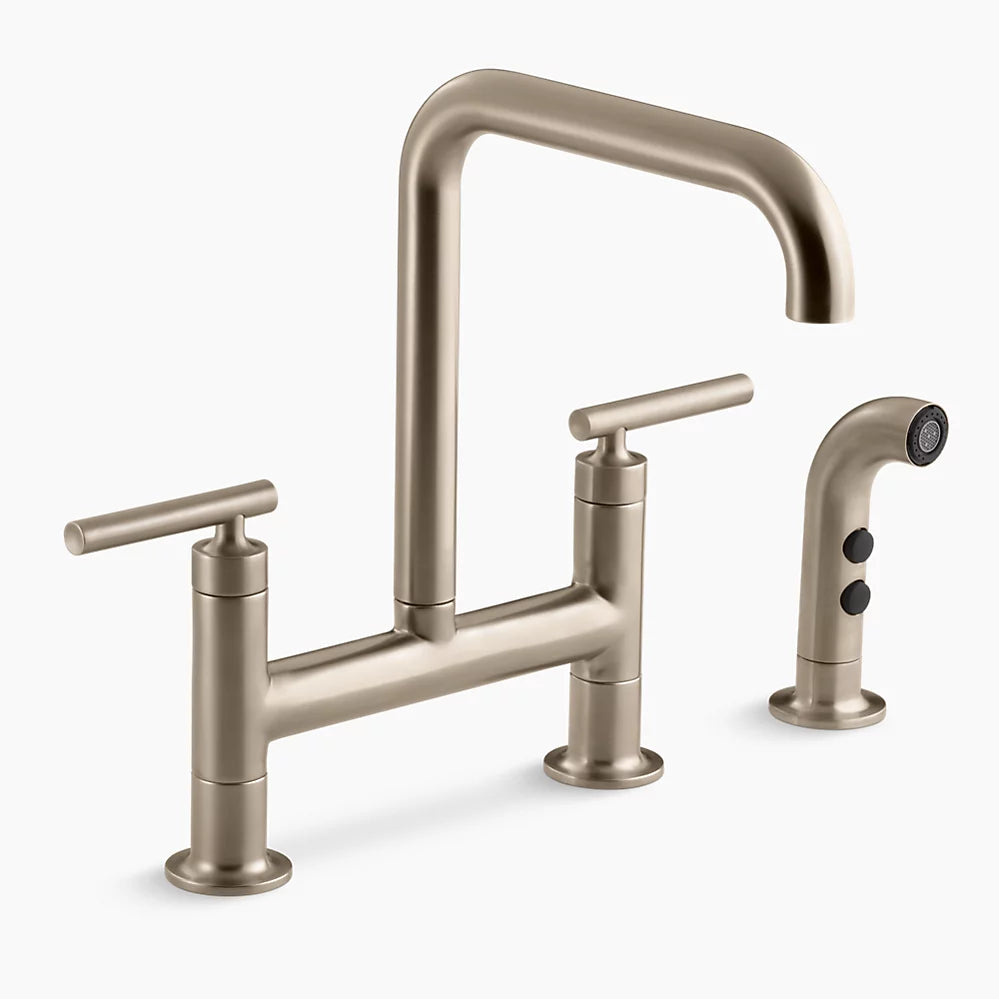 Kohler Purist Two-hole bridge kitchen sink faucet with side sprayer K-7548-4-BV - Plumbing Market