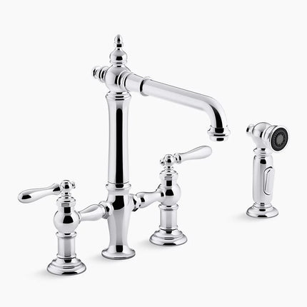Kohler Artifacts Two-hole bridge kitchen sink faucet with side sprayer K-76519-4-CP - Plumbing Market