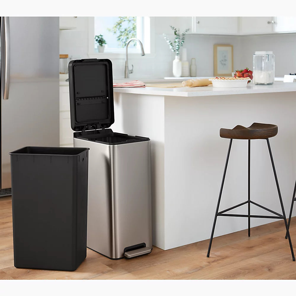Kohler 13-gallon stainless steel slim step trash can with bifold lid K-23826-BST - Plumbing Market